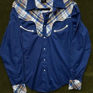 True Vintage 1970s Navy Western Pearl Snap Shirt - Plaid Yoke - Modern Medium